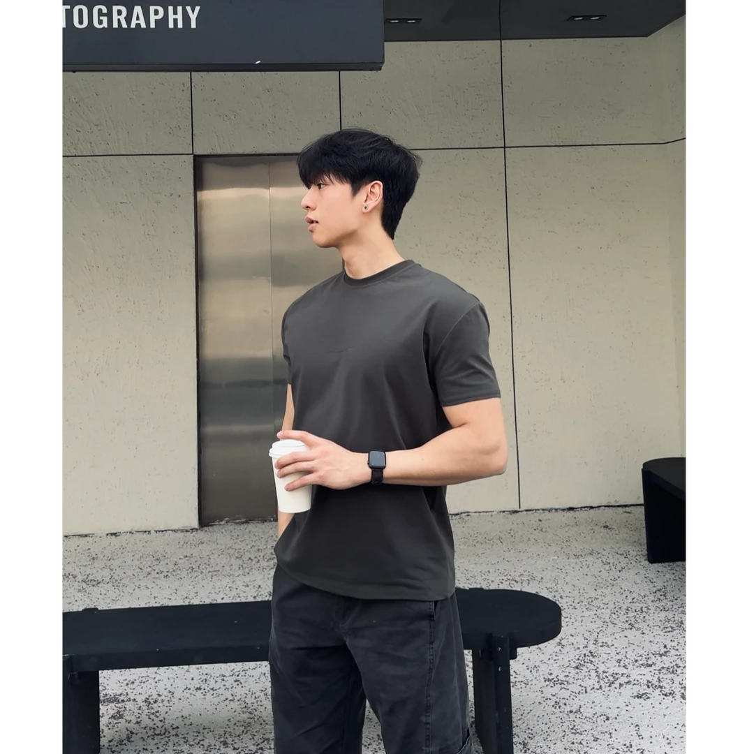 QIUYIDAODI春夏显型版纯色重磅索罗娜运动休闲圆领硬汉风运动T恤