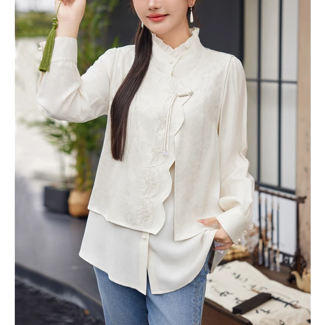 MsShe大码女温柔新中式钉珠链刺绣马甲人棉衬衫J~E2403008