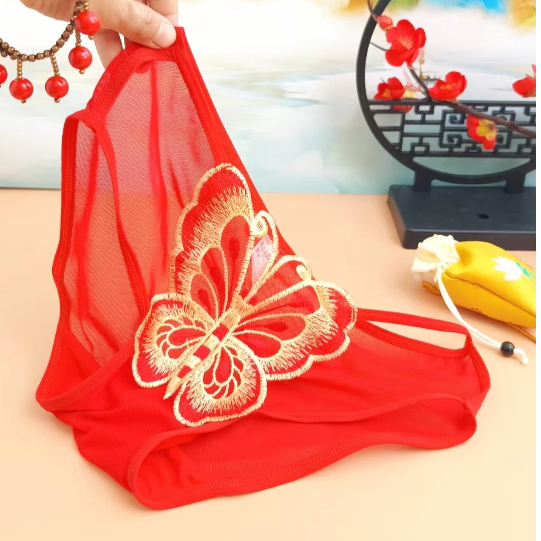 刺绣蝴蝶性感轻薄舒适透气细带蕾丝大码低腰女内裤内衣女士红色