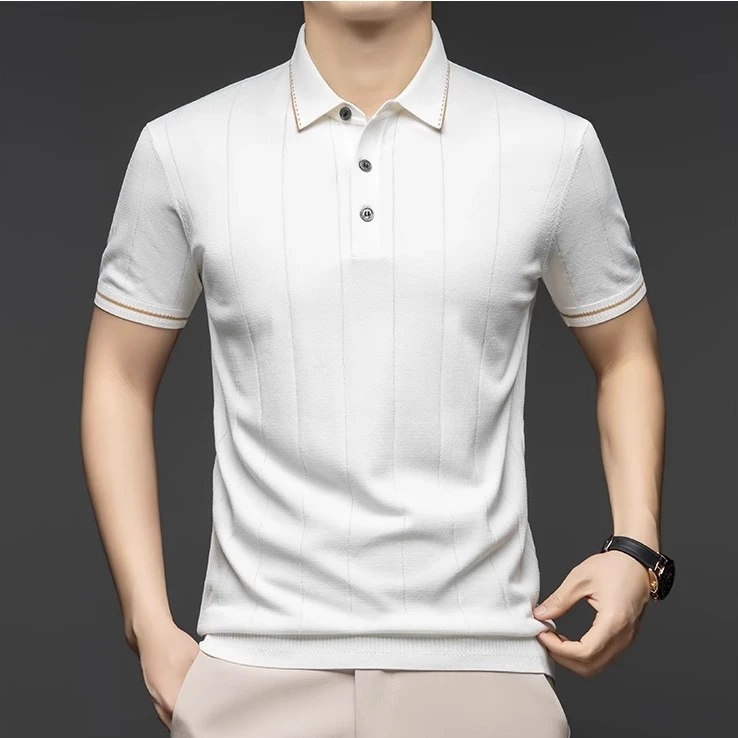 范希巴迪冰丝薄款针织T恤男提花竖条纹Polo衫夏季翻领休闲半袖