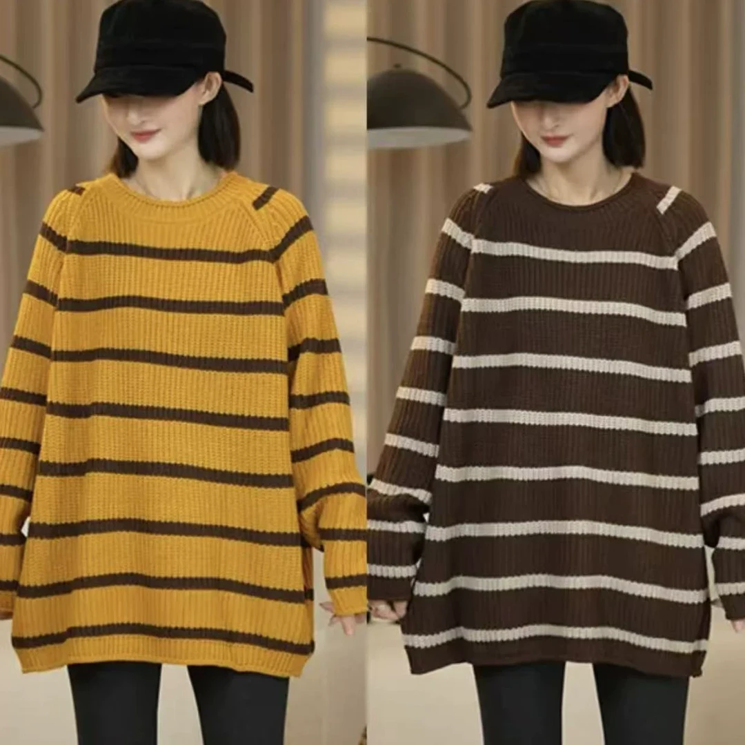 复古条纹毛衣女秋冬外穿宽松慵懒风圆领套头百搭针织上衣