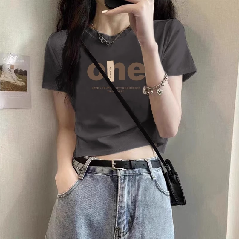 2025款高腰漏肚脐短款上衣女夏季薄款ins露肚体恤修身正肩短袖t恤