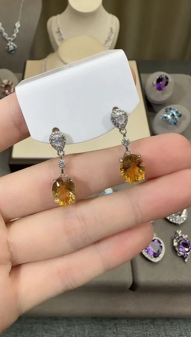 银S925镶嵌耳饰黄晶10*8mm耳坠设计款