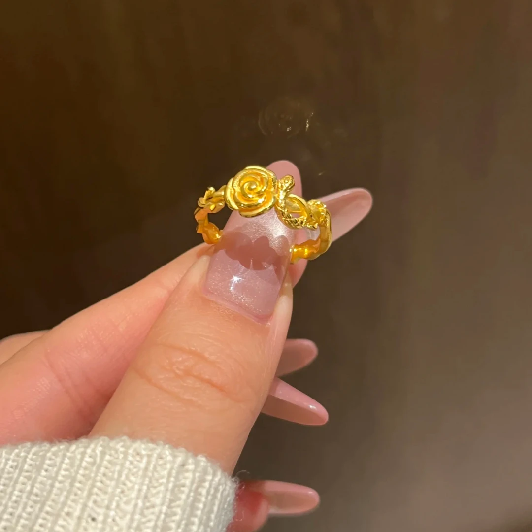 铜合金戒指 蛇与玫瑰戒指缠绕灵蛇玫瑰食指戒时尚指环