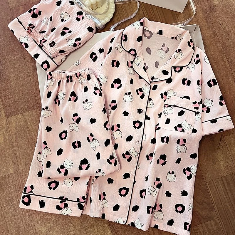 芯语婷夏季新款云朵泡泡纱三件套睡衣女卡通甜美柔软亲肤家居服