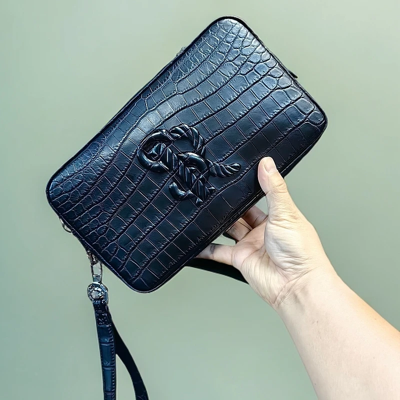 新男士款手包鳄鱼皮鳄牛皮休闲手拿包时尚百搭黑色气质手抓包真皮