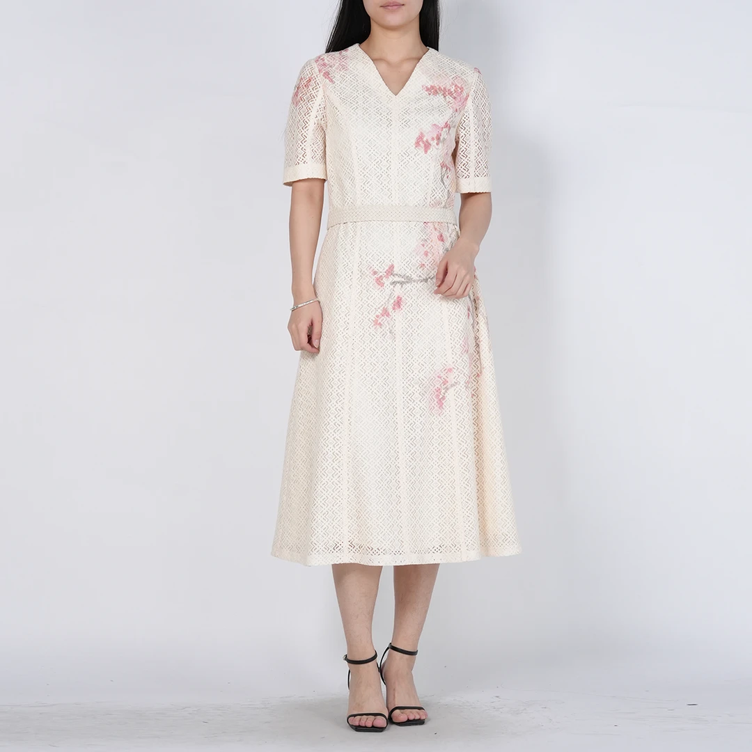 国风精致印花桃花蕾丝连衣裙YECL040551