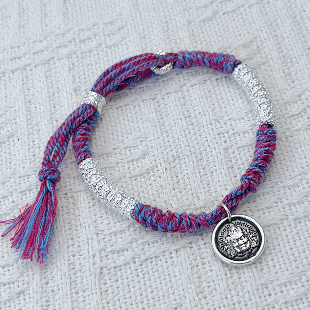 足银手链 落霞银铺足银999.9黄财神盘缠手链编织复古国风女士手绳