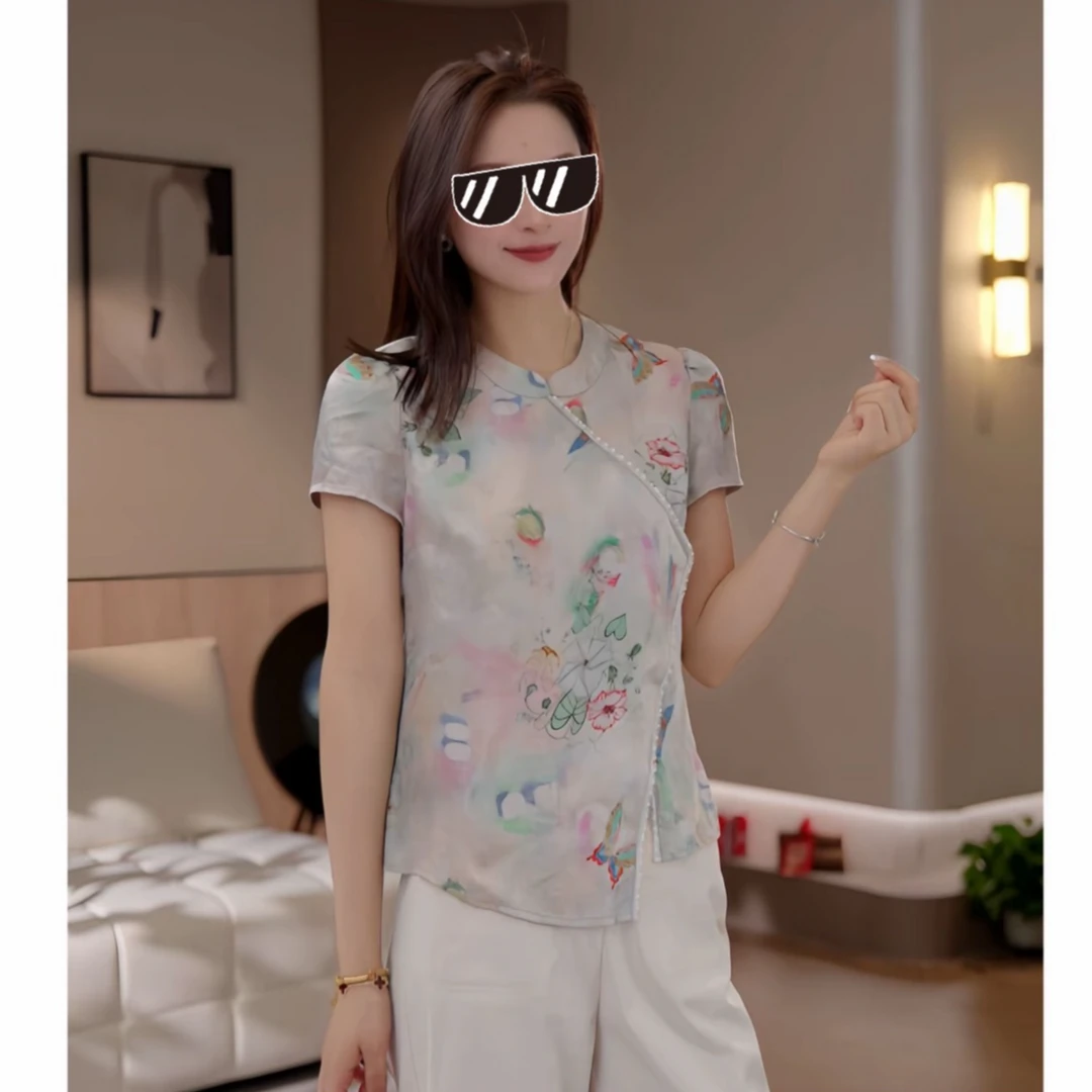 【国风韵味】人丝香云纱新中式短袖女夏季提花上衣+九分直筒裤套装