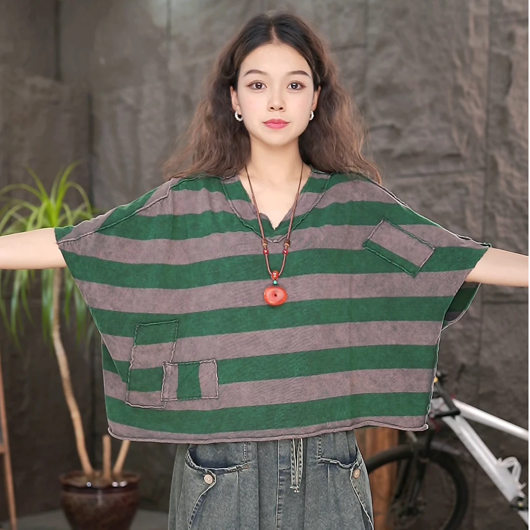 LL条纹短袖t恤夏季宽松T恤百搭炒色复古短款T上衣（衣长55cm左右）
