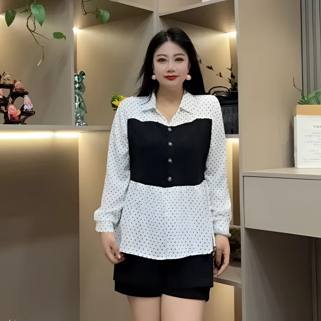 秋季衬衫-檬 8109秋季大码收腰显瘦拼接气质高级百搭轻熟风衬衫