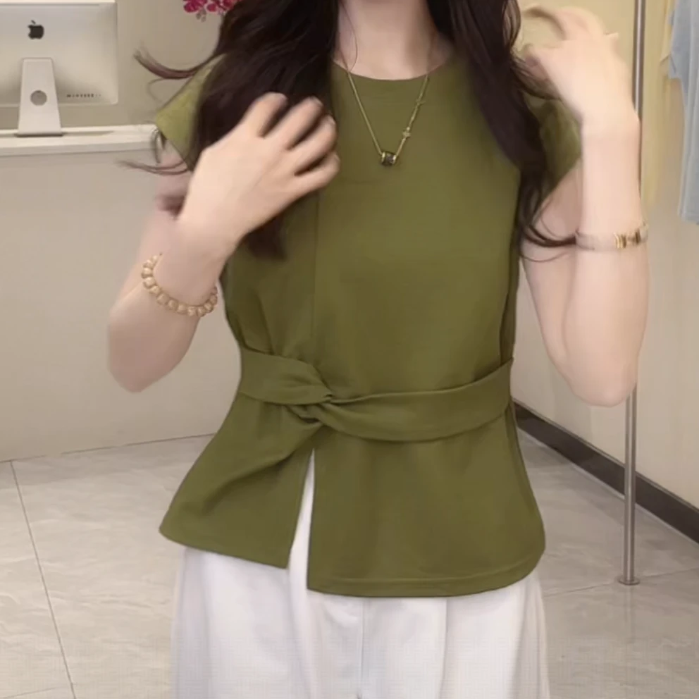 夏季新款飞飞袖掐腰扭结开叉下摆T恤女2025夏季新款显瘦圆领上衣