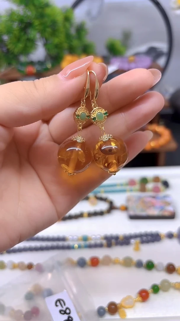 琥珀（花珀）14K金镶嵌耳饰E895