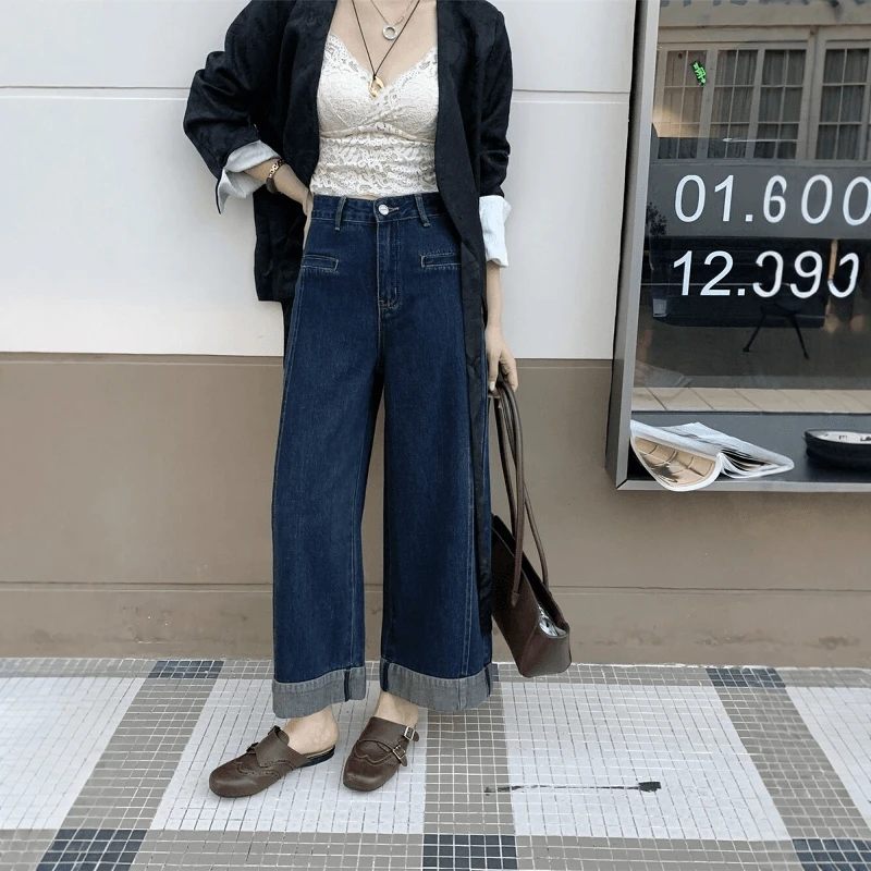 2025秋季新款蓝色阔腿牛仔裤女弹力显瘦高腰宽松小个子直筒裤子