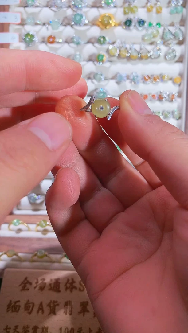 银S925镶嵌戒指翡翠S925银镶翡翠平安扣女饰品