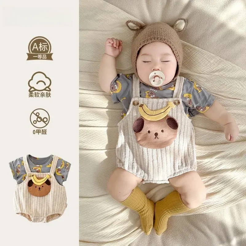 婴儿夏季薄款男宝宝夏装连体衣服满月百天洋气背带哈衣短袖包屁衣