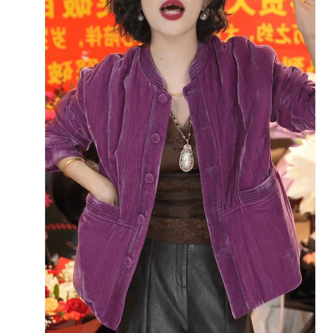 新中式丝绒夹棉短款外套女冬季新款复古国风宽松加厚保暖棉服上衣