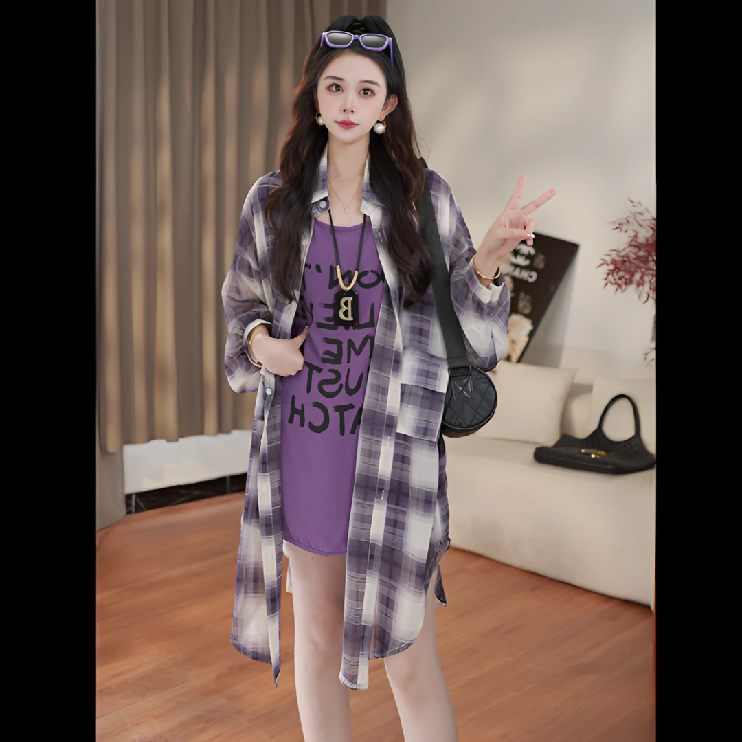 格子防晒衬衫两件套女夏季韩版慵懒风开衫防晒衣女250445/250450