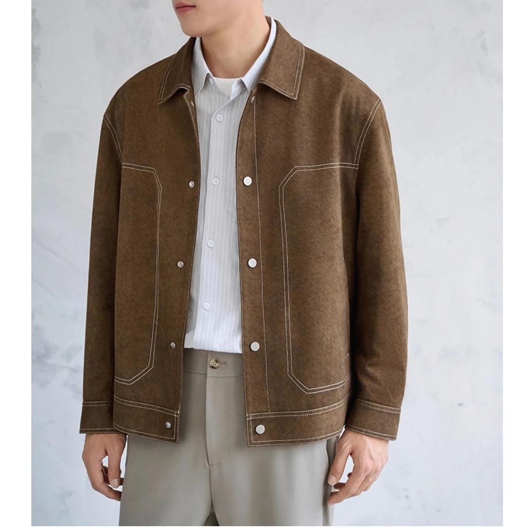 春秋季复古斜纹肌理仿鸡皮绒撞色线大口袋夹克男短款外套24692