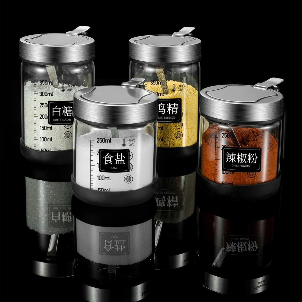爆款高硼硅玻璃调味杯厨房盐罐辣椒油专用罐防潮家用勺盖