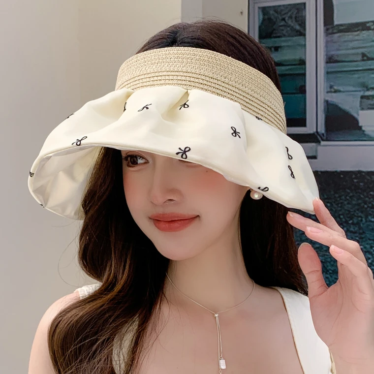 防晒遮阳帽子女夏天蕾丝刺绣蝴蝶结贝壳帽显脸小防紫外线空顶帽潮