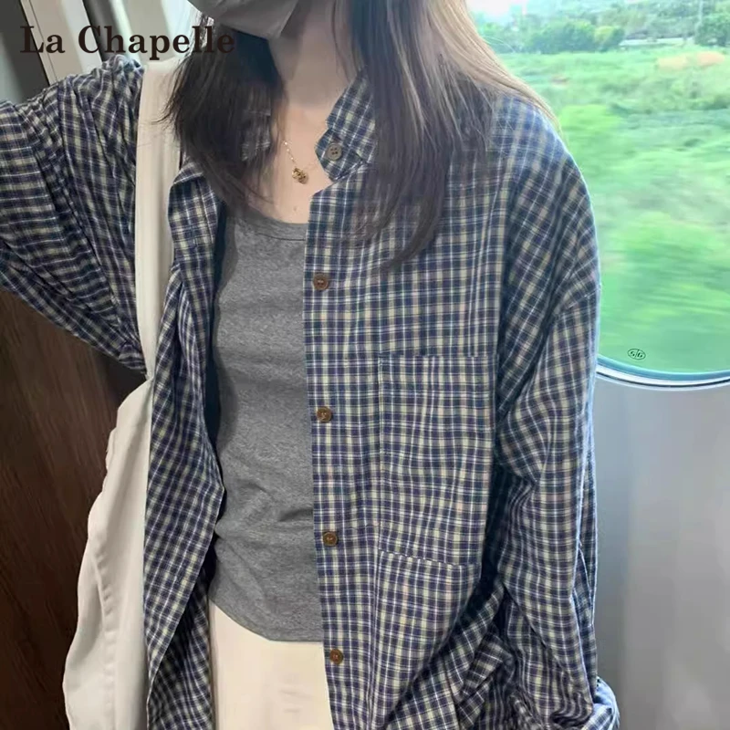 拉夏贝尔韩版蓝色格子长袖衬衫女春秋新款松弛慵懒风显瘦衬衣外套
