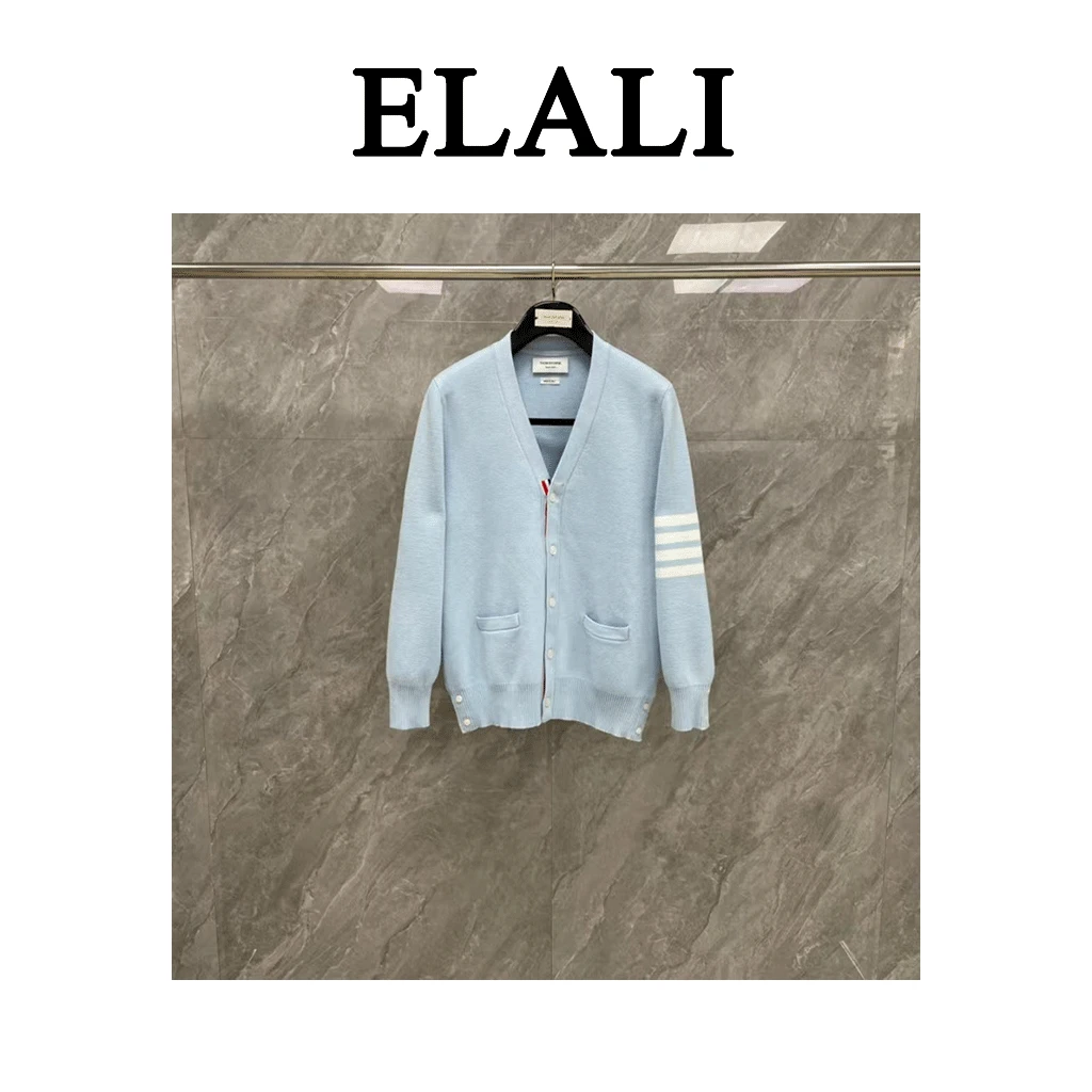ELALI V领韩版常规款拼接厚款毛针织衫时尚气质贝果复古风  AA092