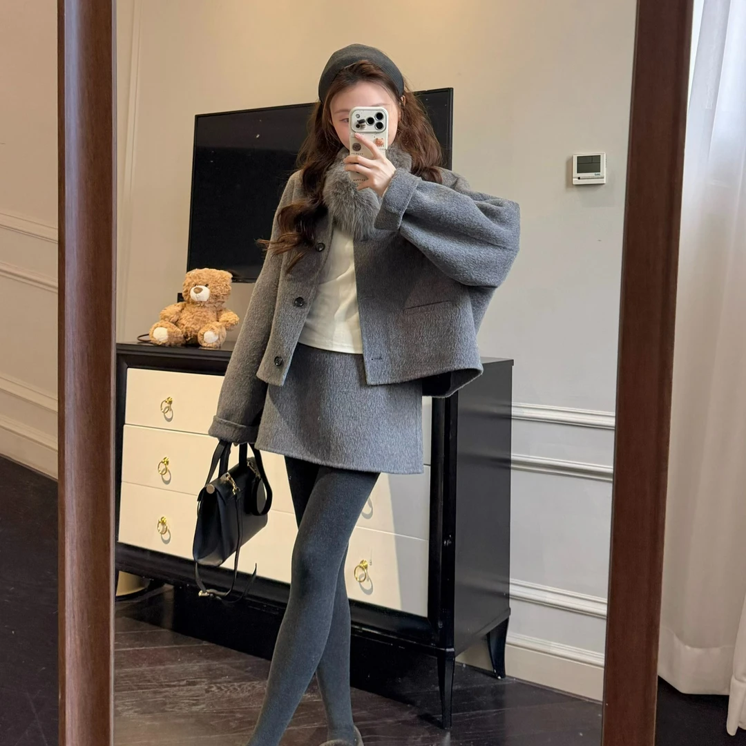 韩系轻熟风慵懒呢子套装女冬季新款灰色单排扣毛呢外套半裙两件套