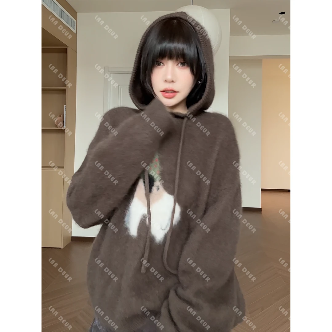 JIUJIU【柔茸短暖】绵羊毛+山羊绒连帽套头复古提花宽松毛针织上衣