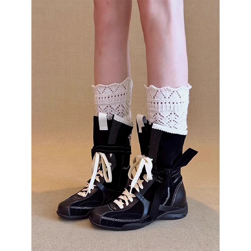 牛皮版~小众复古拳击靴女2025系带英伦百搭马丁靴德训靴中筒短靴