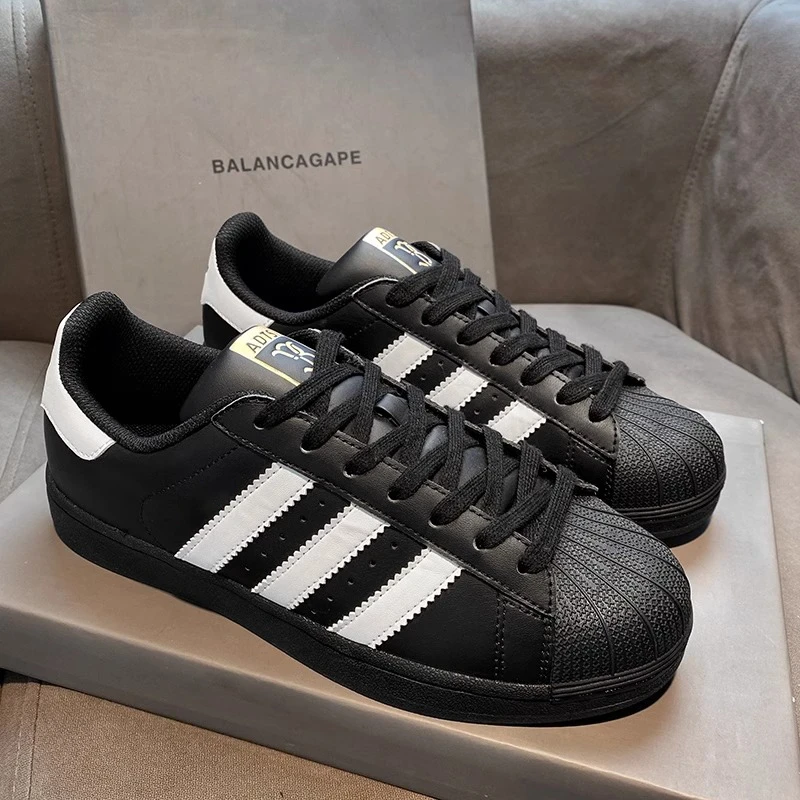 贝壳头金标黑色女款休闲板鞋三条杠情侣百搭莆田官网正品牛皮鞋面