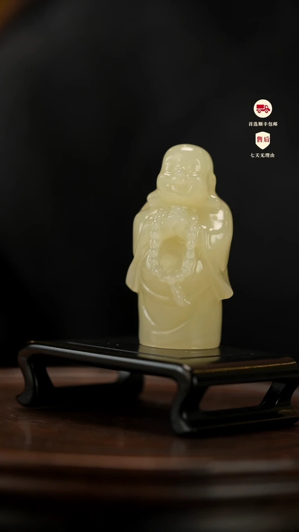 云南石竹叶青雕刻：弥勒造像摆件手把件