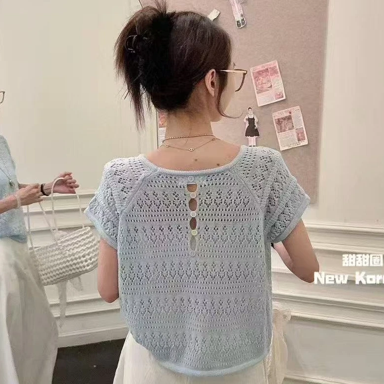 镂空女装短袖夏季薄款宽松型毛针织衫女装