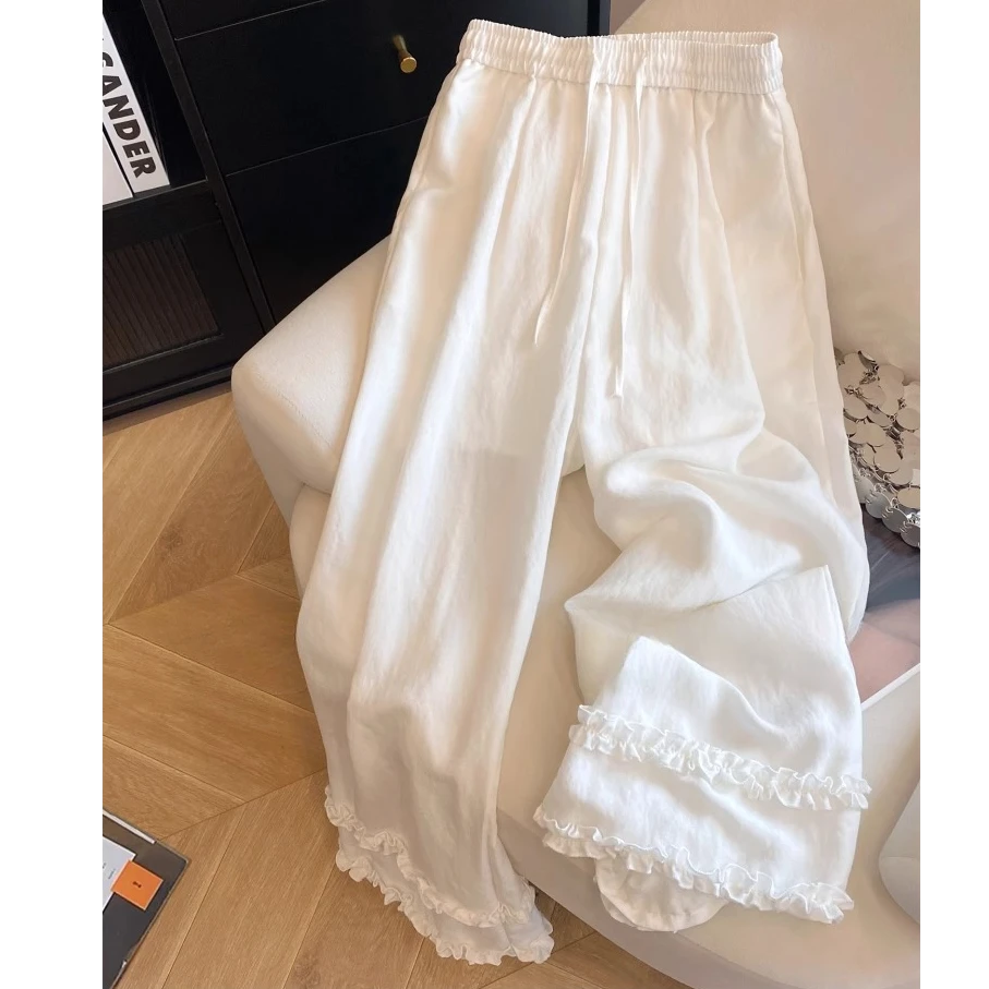 法式慵懒风裤脚拼接木耳边阔腿裤女2025夏新款抽绳松紧高腰直筒裤