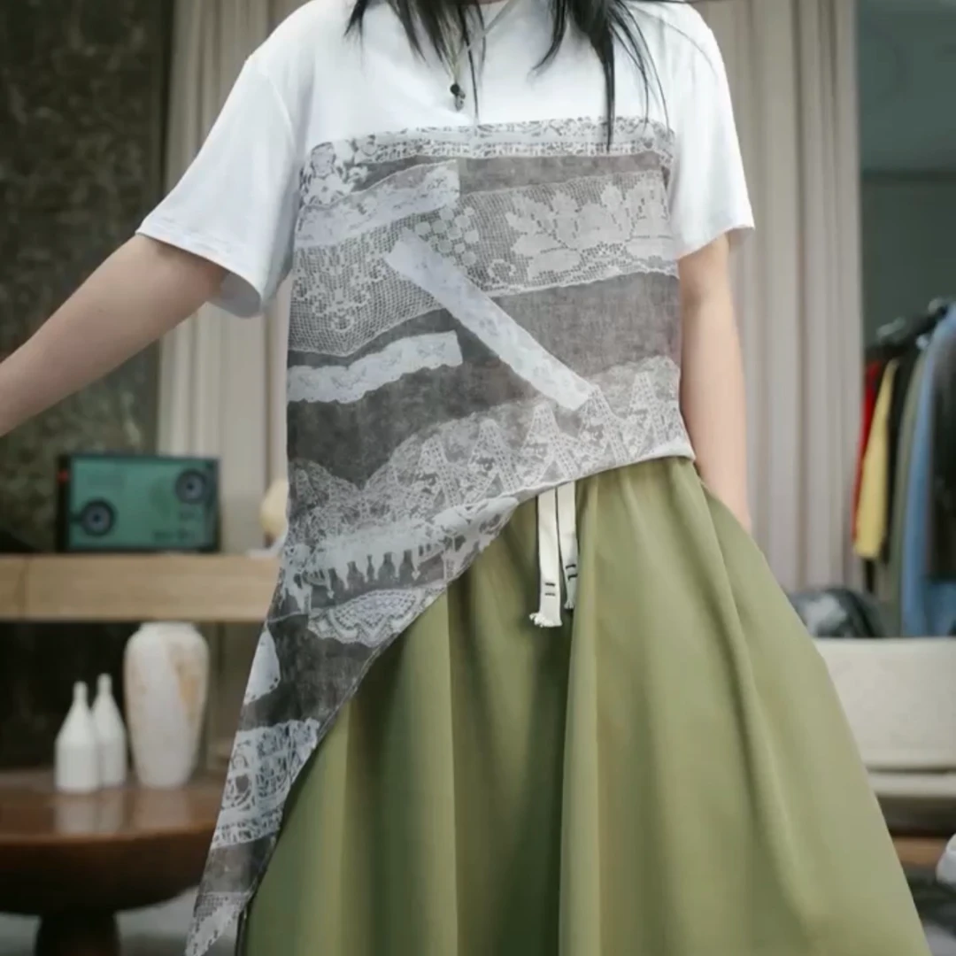 infobyfive2025夏季新款斜边不规则拼接波西米亚短袖T恤NF0505146