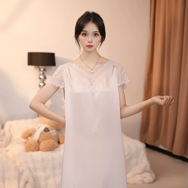 查理夫人【丝韵】气质蕾丝睡裙家居服显瘦时尚夏季宽松甜美时尚纯色