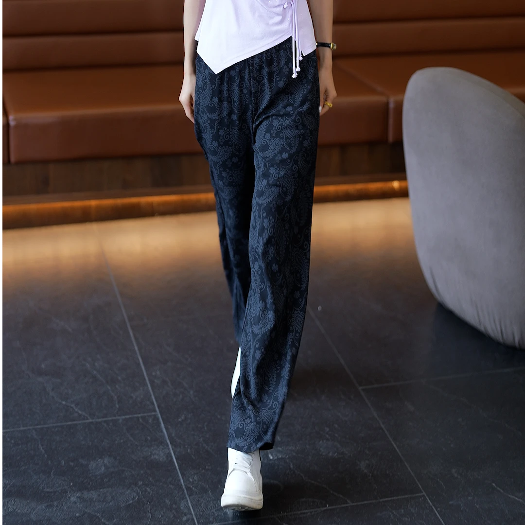 2025夏季老钱风新款冰丝薄款女裤高腰松紧显瘦垂感宽松直筒休闲裤