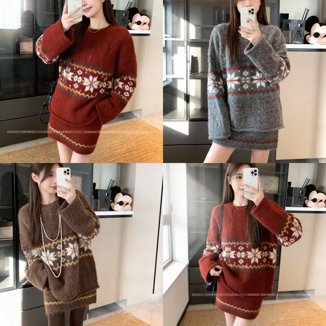 新年慵懒风费尔岛宽松圆领提花毛衣休闲高腰短裙氛围感针织两件套