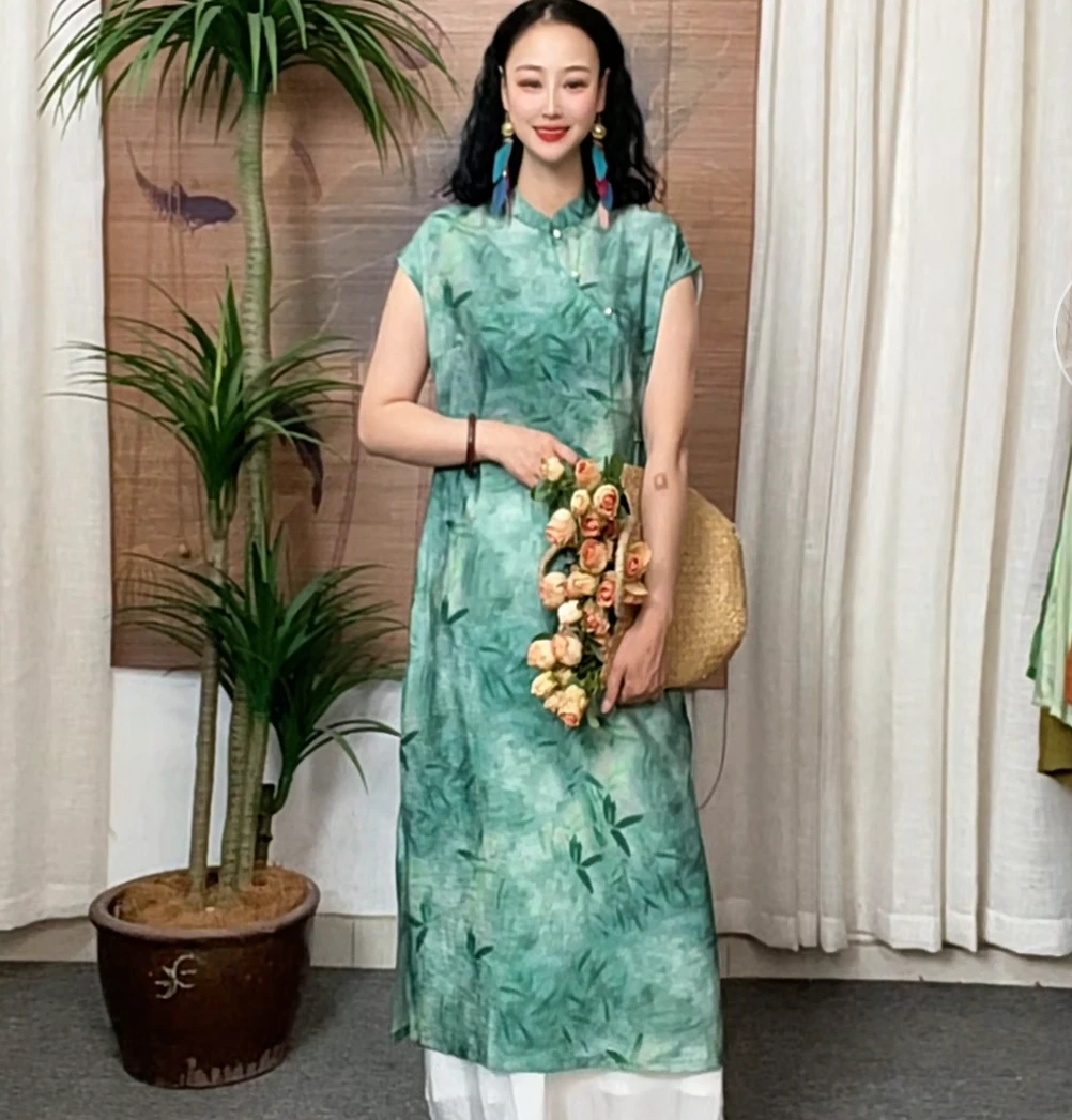 520-3新品正版口袋高定显瘦百搭气质文艺风复古棉麻禅意风旗袍裙