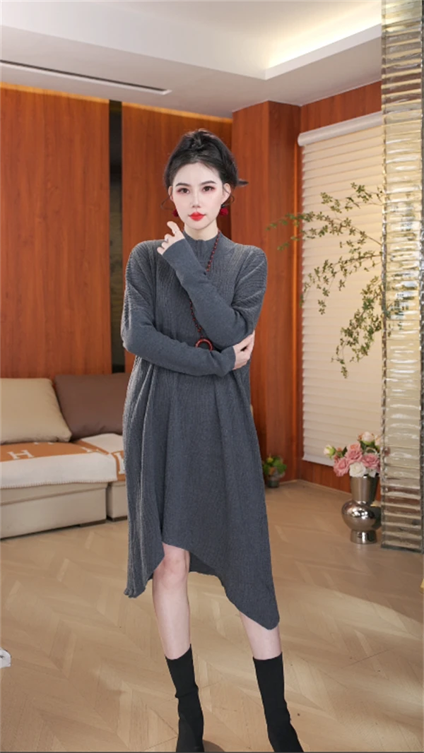 新款【唯美】重磅宽松保暖气质洋气长袖毛衣连衣裙-6854