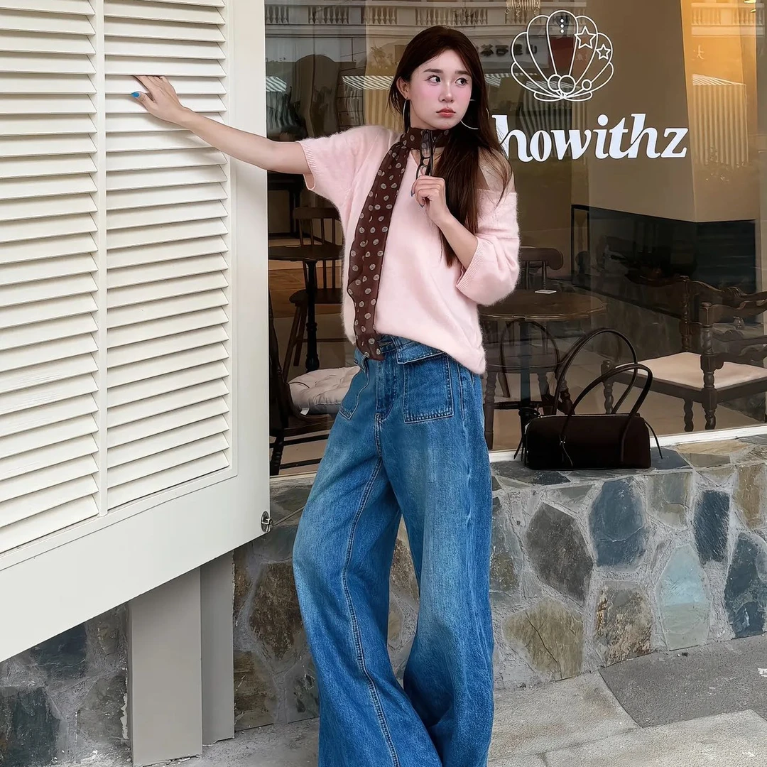 韩系粉色薄款V领短袖针织T恤女2025秋季小众上衣直筒牛仔裤两件套