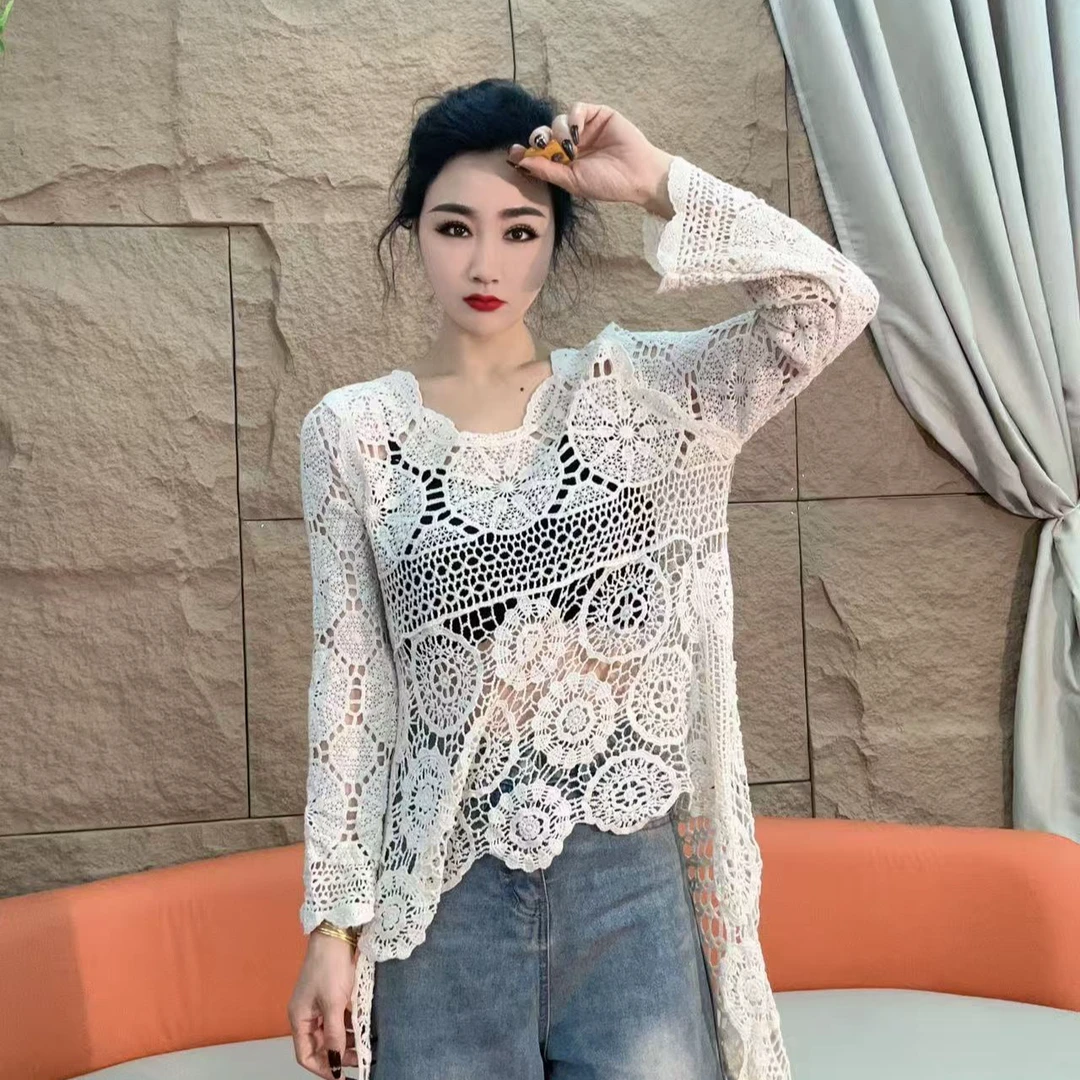 298（安言服饰）2025新款时尚气质不规则镂空煤设计前短后长防晒衣