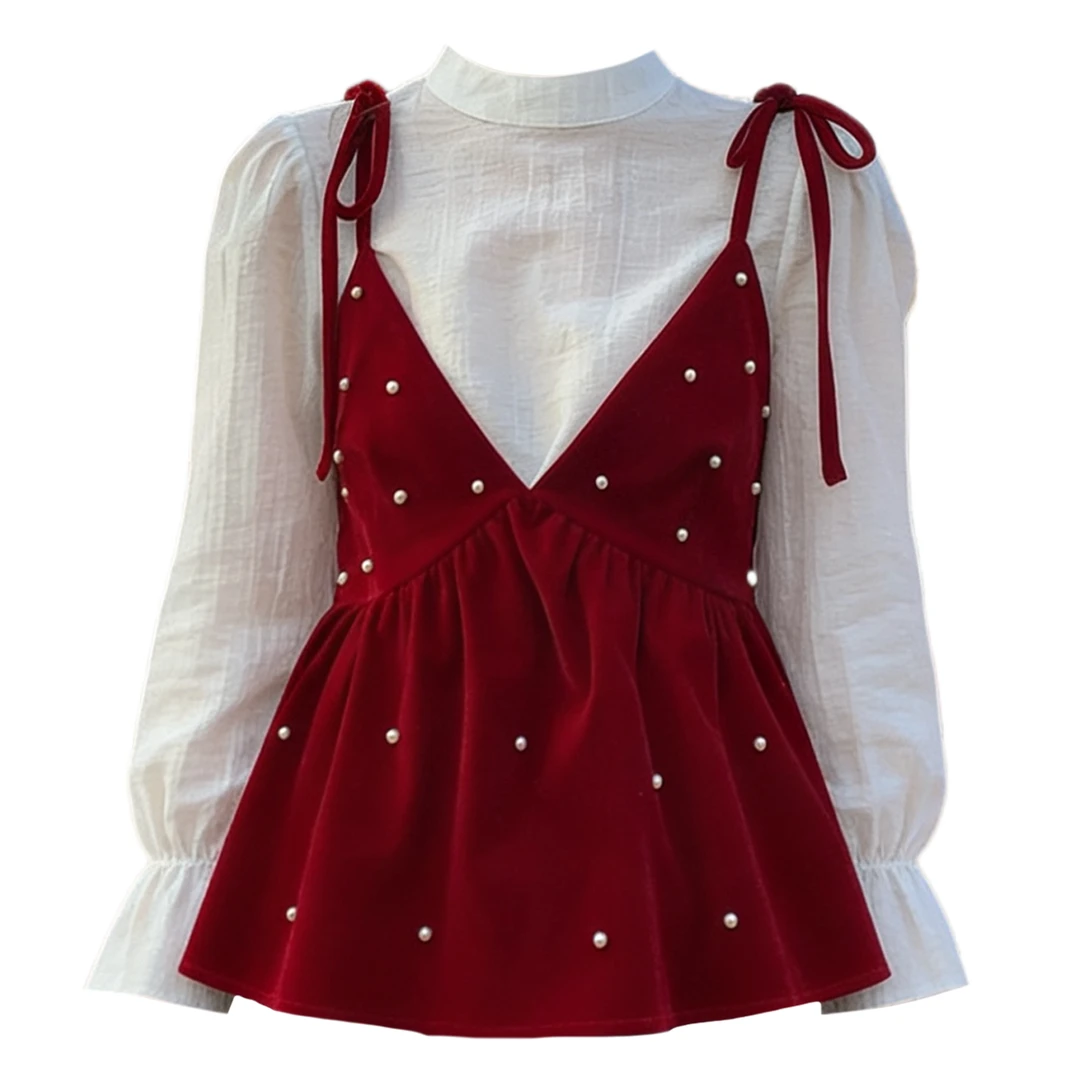 大码胖MM千金风红色珍珠吊带两件套女秋冬新款甜美上衣套装高级感