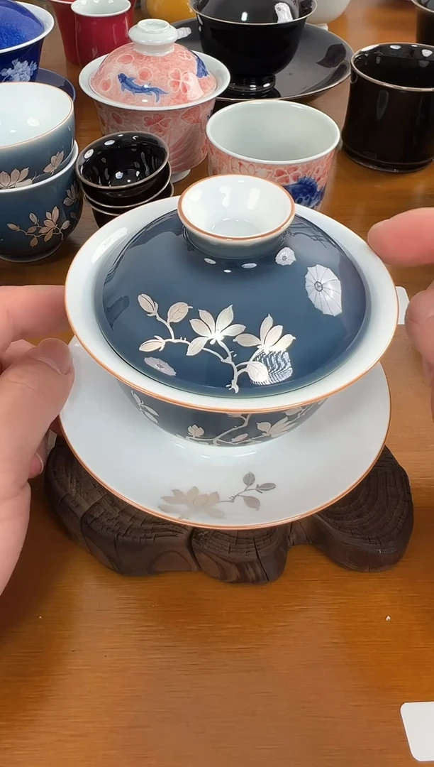 【闪购商品】照夜白高温釉下描银玉兰盖碗