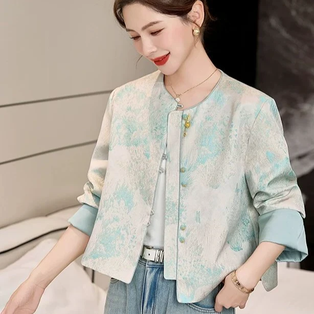 轻奢休闲百搭新中式轻国风气质提花外套女春秋短款洋气复古宽松
