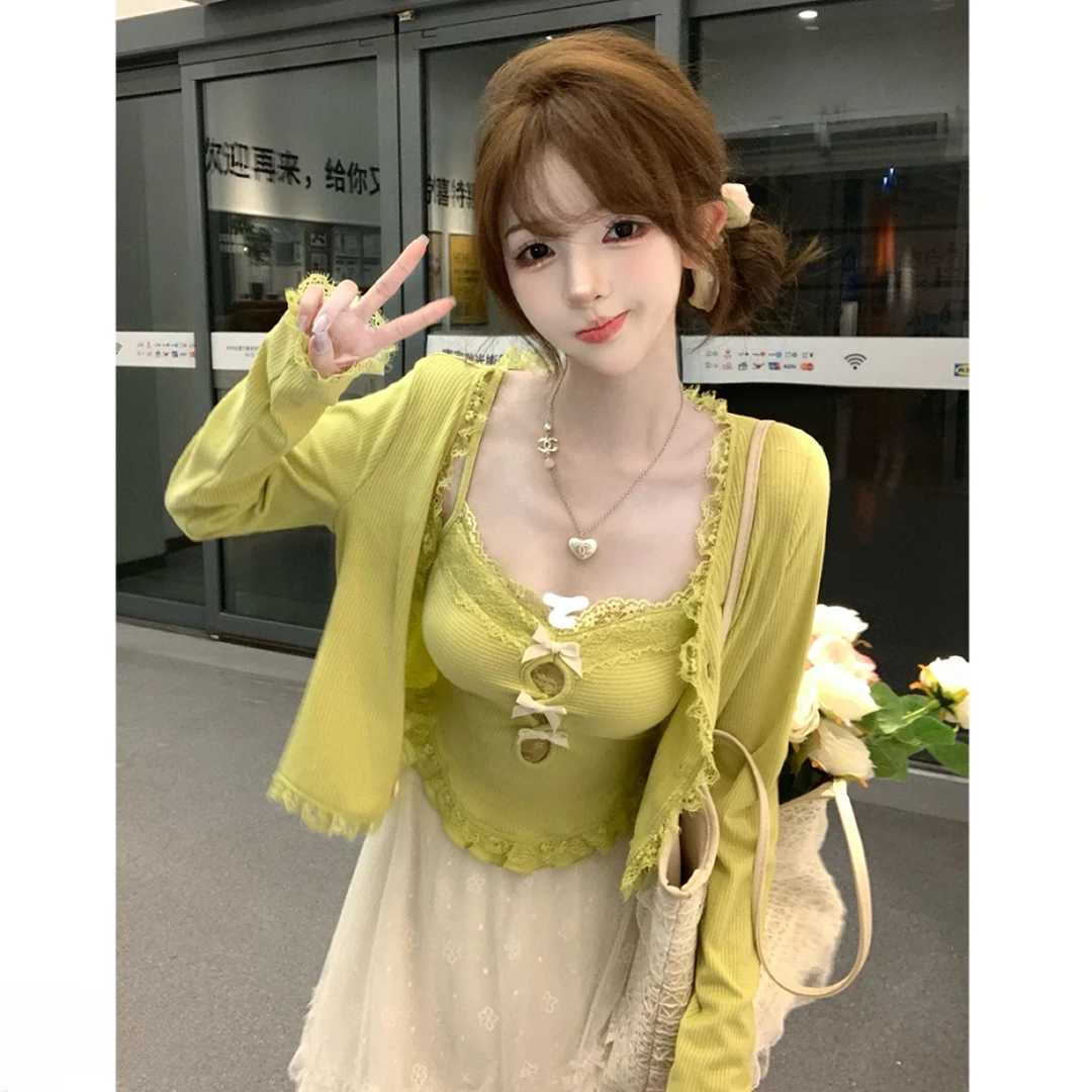 绿野仙踪纯欲风甜美套装木耳边吊带背心长袖开衫中长款蕾丝蓬蓬裙