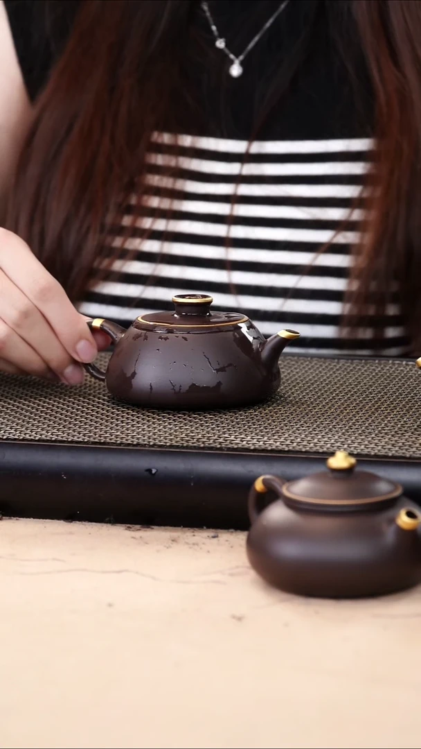 茶壶紫砂四号井茄皮紫泥描金钱币钮飞把石瓢160cc