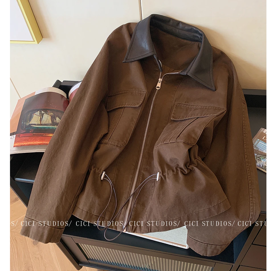 美式拼皮翻领工装夹克外套女秋2025新款气质复古休闲宽松上衣风衣