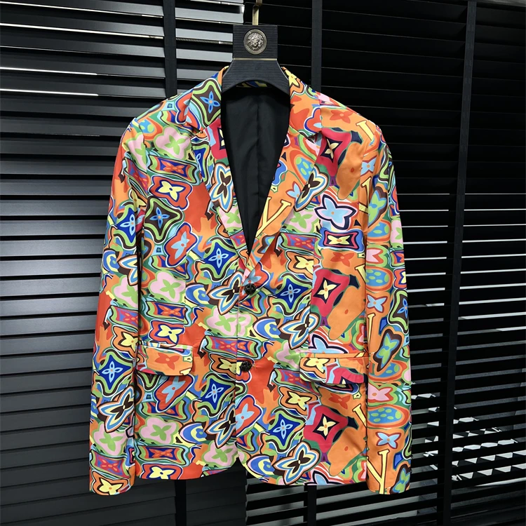 吉伦略索秋季新款欧货高端潮牌个性印花休闲西装外套男士修身西服