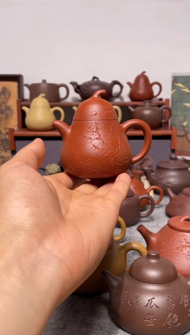 茶壶紫砂小煤窑朱泥手工泥诗文梨形